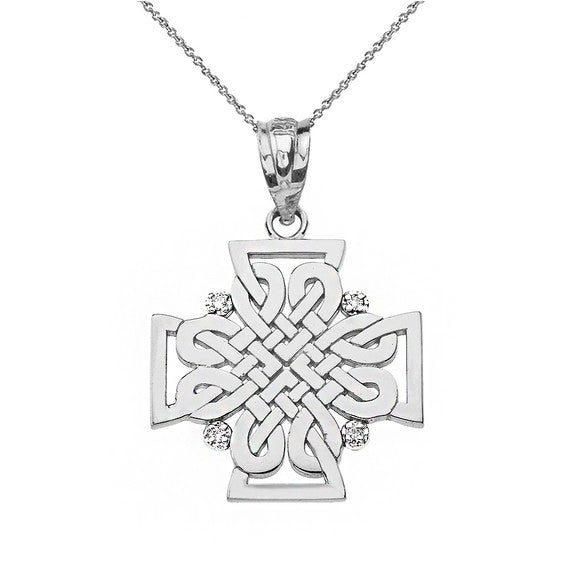 .925 Sterling Silver Cubic Zirconia Celtic Knot Irish Cross Pendant Necklace