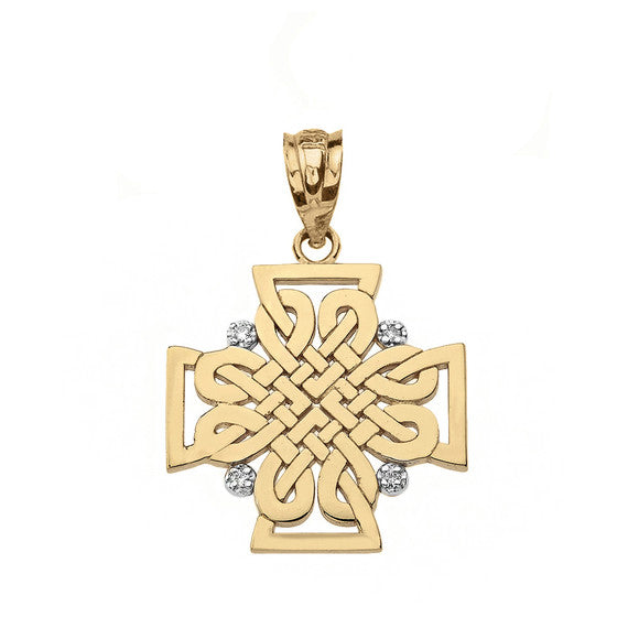 Gold Diamond Celtic Knot Irish Cross Pendant Necklace (Available in Yellow/Rose/White Gold)