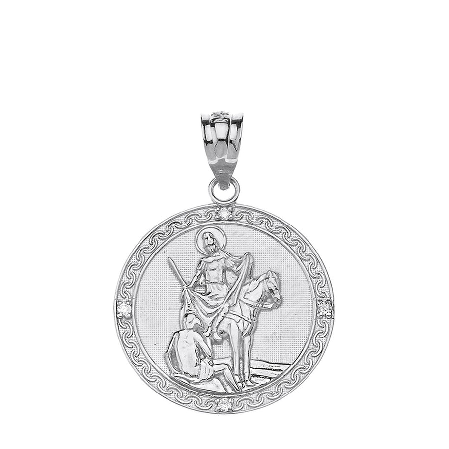 Sterling Silver Engravable CZ Saint Martin of Tours Pray For Us Circle Pendant Necklace (1.04