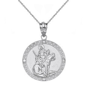 Sterling Silver Engravable Diamond Saint Martin of Tours Pray For Us Circle Pendant Necklace (1.15