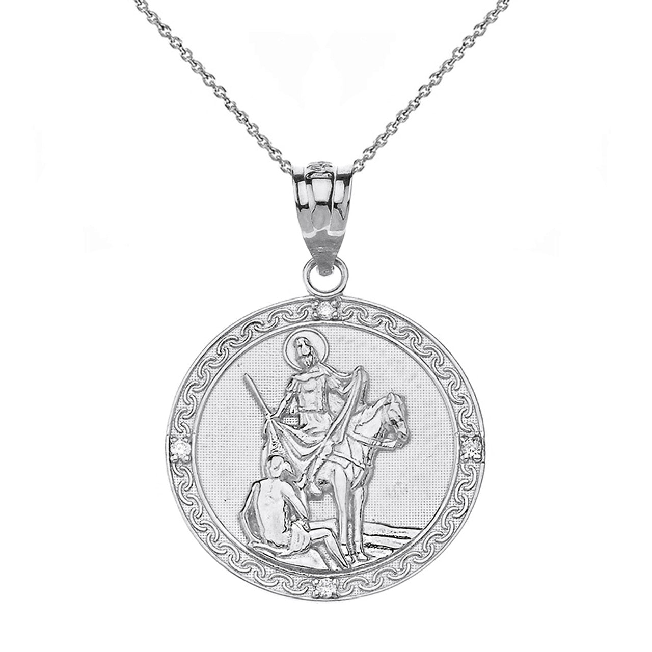 Sterling Silver Engravable CZ Saint Martin of Tours Pray For Us Circle Pendant Necklace (1.04
