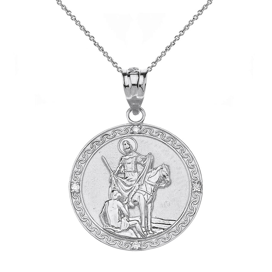 Sterling Silver Engravable CZ Saint Martin of Tours Pray For Us Circle Pendant Necklace (1.04")