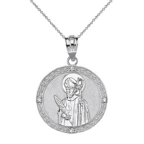 Sterling Silver Engravable Diamond Saint Martin of Tours Pray For Us Circle Pendant Necklace (1.15