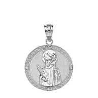 Sterling Silver Engravable CZ Saint Valentine Pray For Us Oval Pendant Necklace (1.04