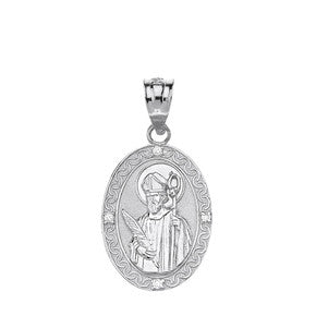 Sterling Silver Engravable CZ Saint Anthony Pray For Us Oval Pendant Necklace 1.04