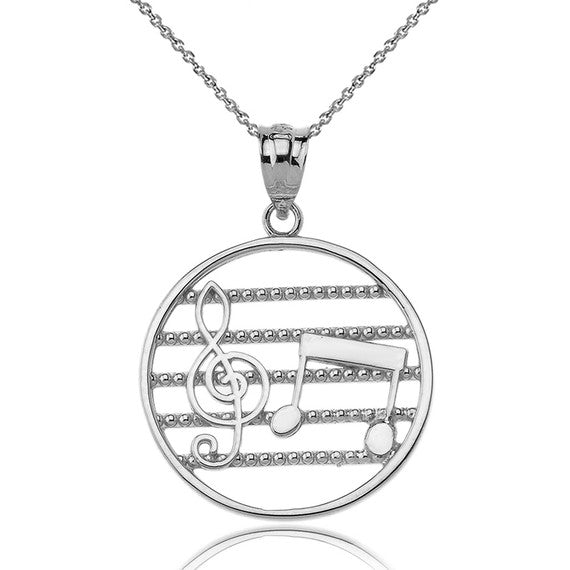 Sterling Silver Music Notes Circle Pendant Necklace