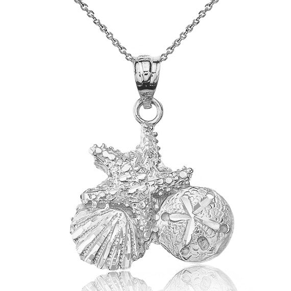 Sterling Silver Sparkle Cut Starfish Clam and Sand Dollar Pendant Necklace