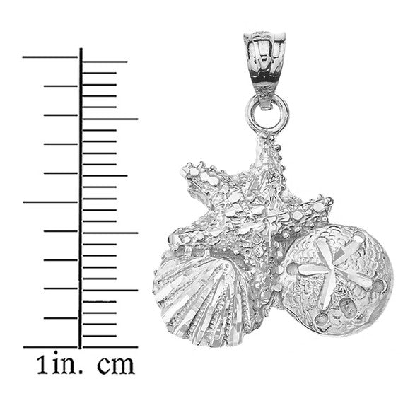 Sterling Silver Sparkle Cut Starfish Clam and Sand Dollar Pendant Necklace