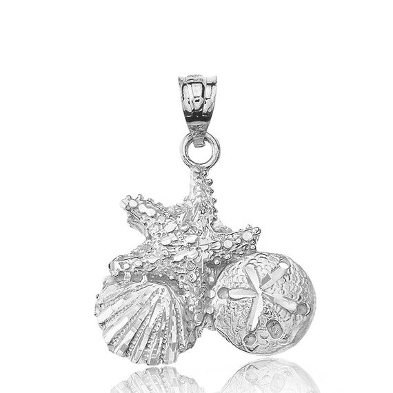 Sterling Silver Sparkle Cut Starfish Clam and Sand Dollar Pendant Necklace