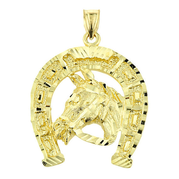 Gold Diamond Cut Horseshoe Pendant Necklace