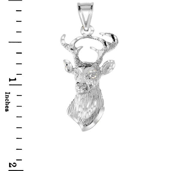 .925 Sterling Silver Diamond Cut Deer Head Buck Antlers Pendant Necklace