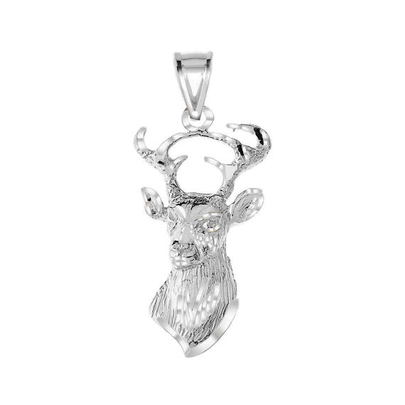 .925 Sterling Silver Diamond Cut Deer Head Buck Antlers Pendant Necklace