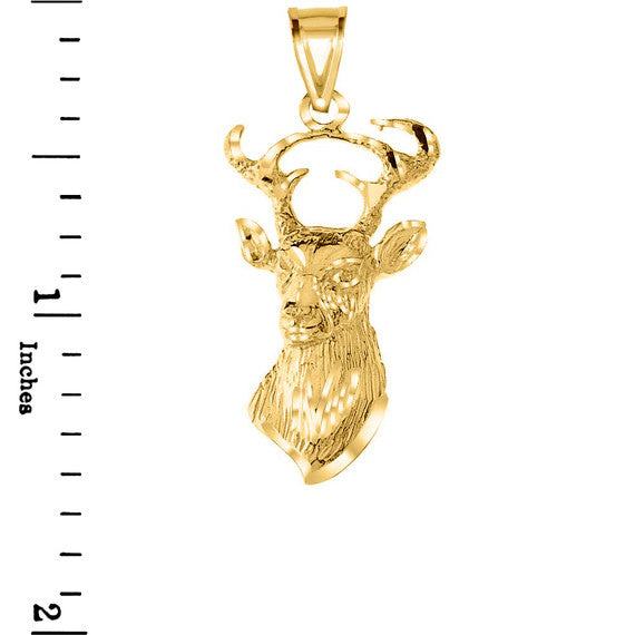 Gold Diamond Cut Deer Head Buck Antlers Pendant Necklace (Available in Yellow/Rose/White Gold)