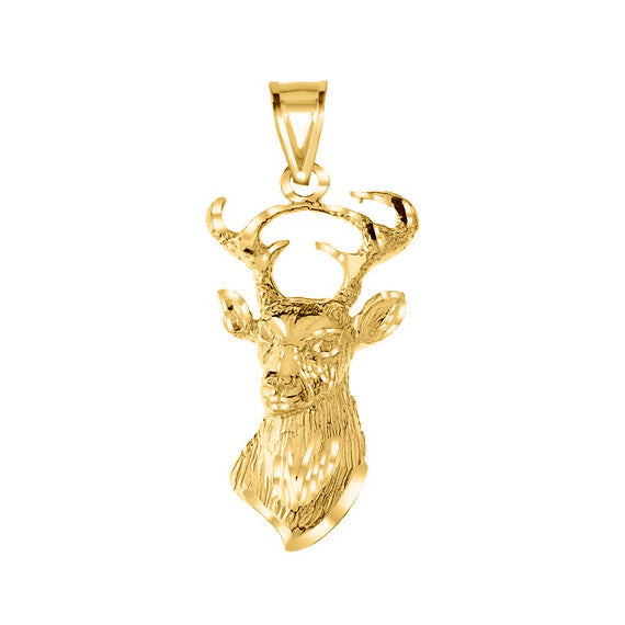 Gold Diamond Cut Deer Head Buck Antlers Pendant Necklace (Available in Yellow/Rose/White Gold)