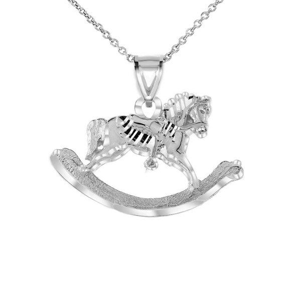 .925 Sterling Silver Diamond Cut Rocking Horse Pendant Necklace