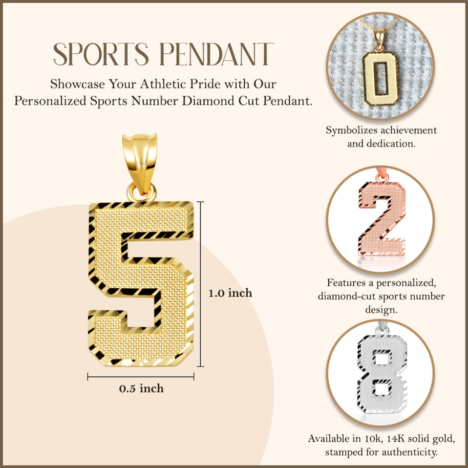 Gold Diamond Cut Custom Jersey Number Sports Pendant Necklace (Available in Yellow/Rose/White Gold)