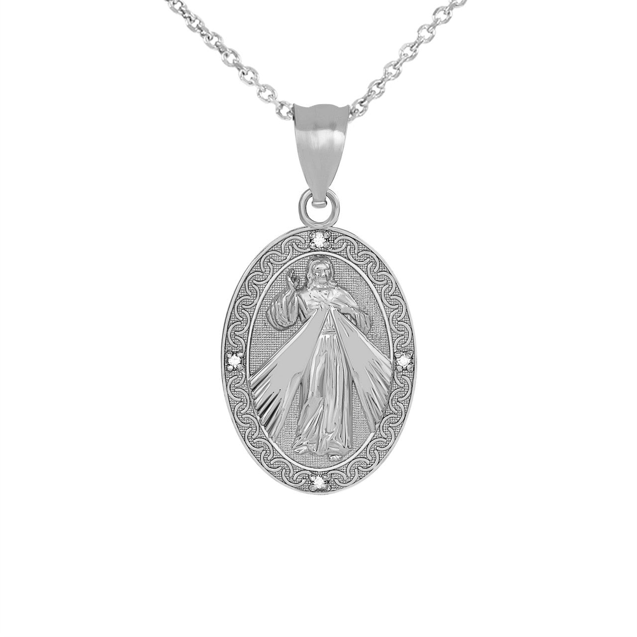 .925 Sterling Silver Cubic Zirconia Jesus Christ Divine Mercy Engravable Oval Medallion Pendant Necklace