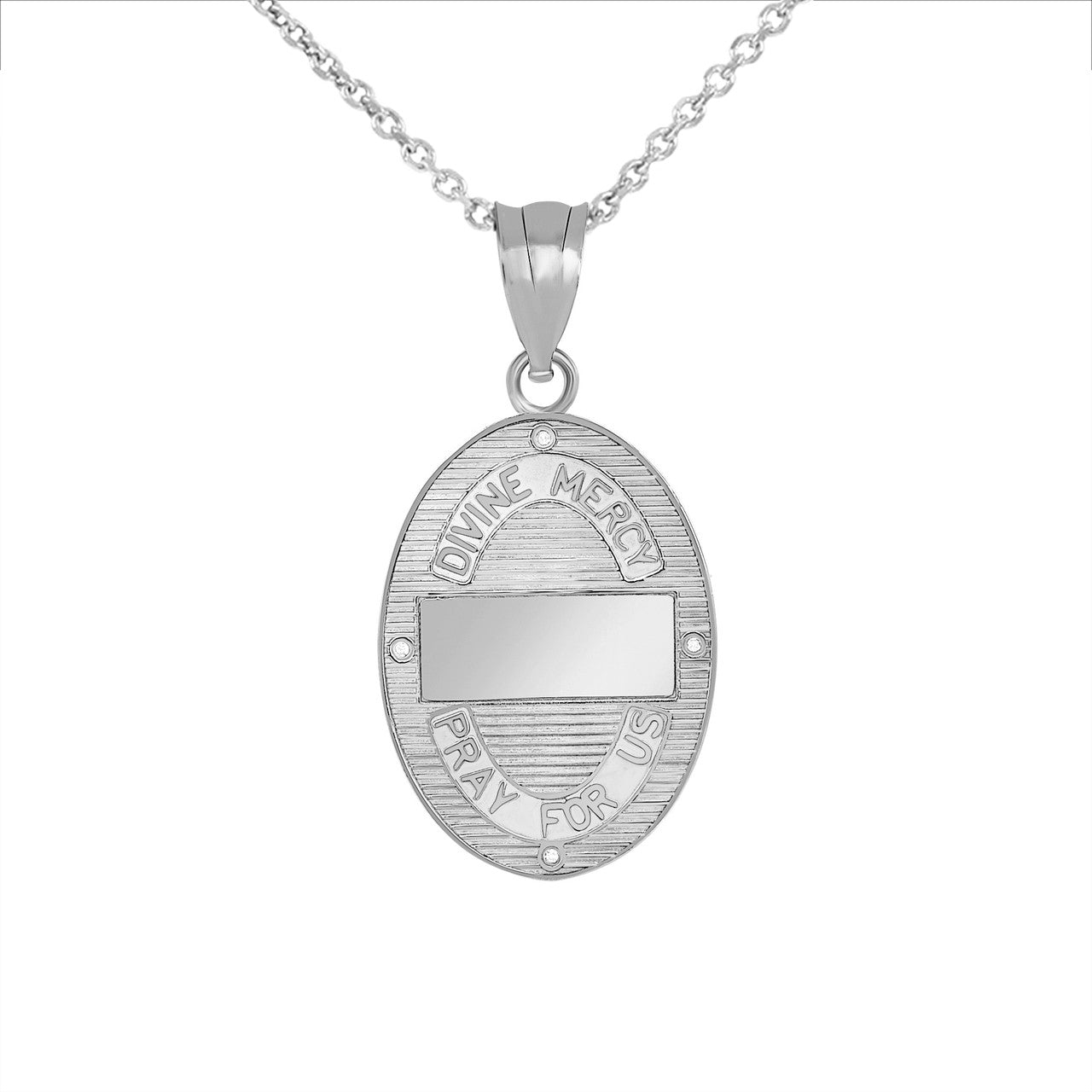 .925 Sterling Silver Cubic Zirconia Jesus Christ Divine Mercy Engravable Oval Medallion Pendant Necklace