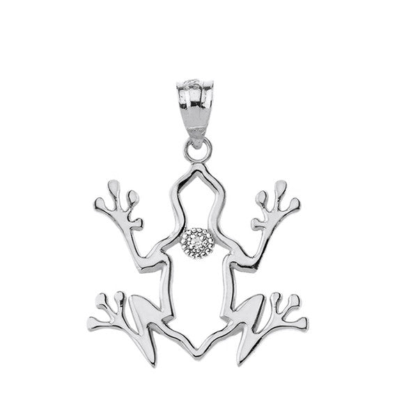 Sterling Silver Frog Outline CZ Pendant Necklace