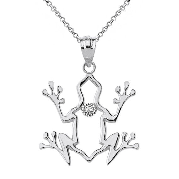 Sterling Silver Frog Outline CZ Pendant Necklace