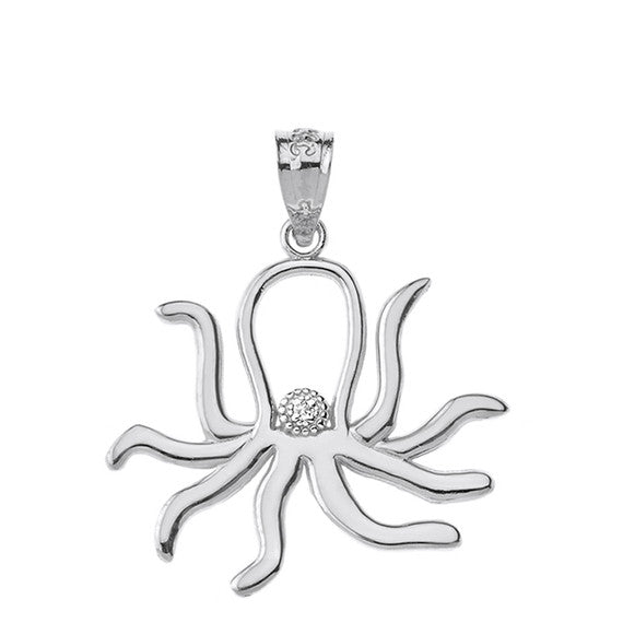 Sterling Silver Octopus Outline CZ Pendant Necklace