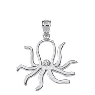 Sterling Silver Octopus Outline CZ Pendant Necklace