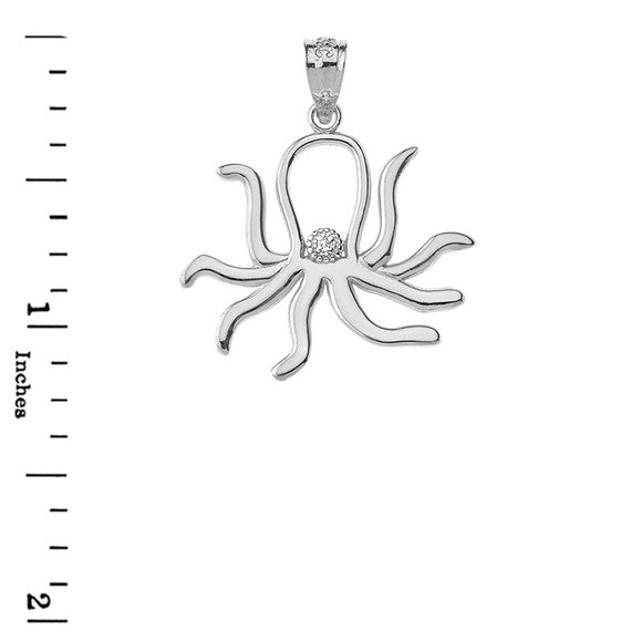 Sterling Silver Octopus Outline CZ Pendant Necklace