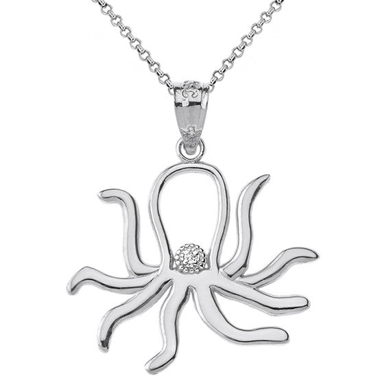 Sterling Silver Octopus Outline CZ Pendant Necklace