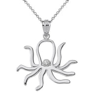 Sterling Silver Octopus Outline CZ Pendant Necklace