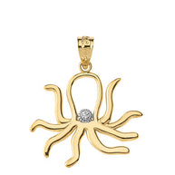 Solid Gold Octopus Outline Solitaire Pendant Necklace (Available in Yellow/Rose/White Gold)