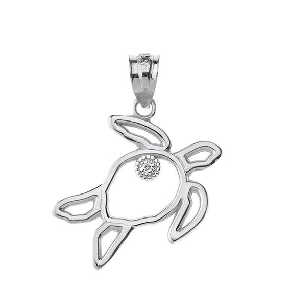 Sterling Silver Sea Turtle Outline Solitaire Pendant Necklace