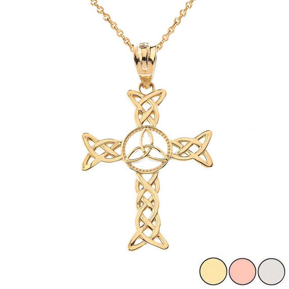 Solid Gold Celtic Trinity Knot-Style Cross Pendant Necklace(Available in Yellow/Rose/White Gold)