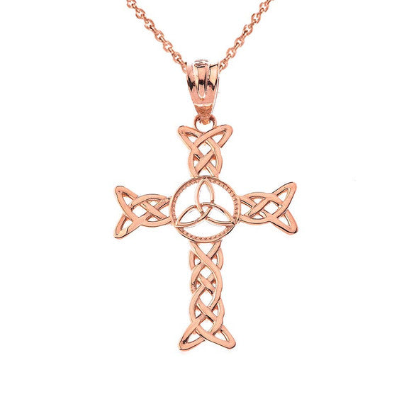 Solid Gold Celtic Trinity Knot-Style Cross Pendant Necklace(Available in Yellow/Rose/White Gold)