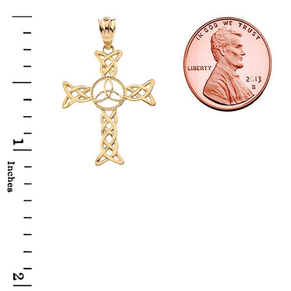 Solid Gold Celtic Trinity Knot-Style Cross Pendant Necklace(Available in Yellow/Rose/White Gold)