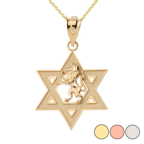 Gold Star of David with Lion of Judah Pendant Necklace (Available in Yellow/Rose/White)