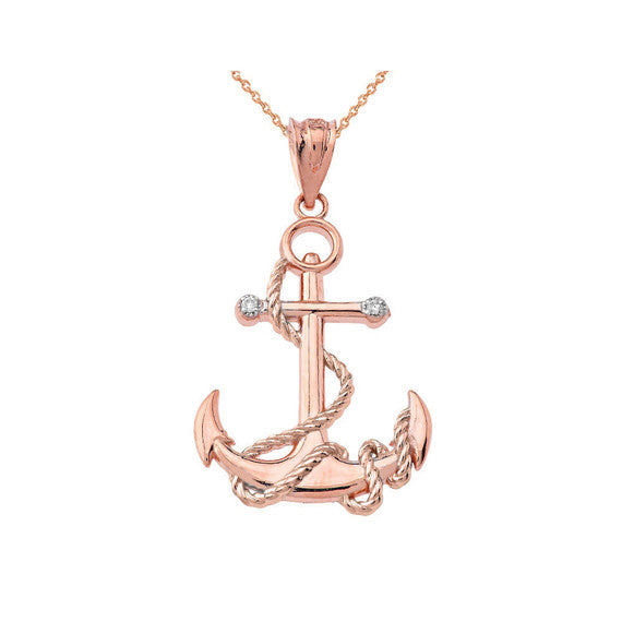 Solid Gold Diamond Nautical Rope Anchor Pendant Necklace(Available in Yellow/Rose/White/Two-Tone Gold)
