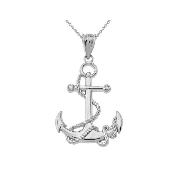 Solid Gold Diamond Nautical Rope Anchor Pendant Necklace(Available in Yellow/Rose/White/Two-Tone Gold)