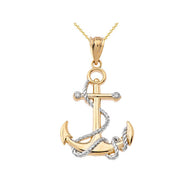 Solid Gold Diamond Nautical Rope Anchor Pendant Necklace(Available in Yellow/Rose/White/Two-Tone Gold)