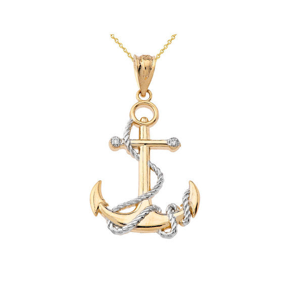 Solid Gold Diamond Nautical Rope Anchor Pendant Necklace(Available in Yellow/Rose/White/Two-Tone Gold)