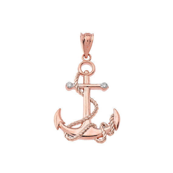 Solid Gold Diamond Nautical Rope Anchor Pendant Necklace(Available in Yellow/Rose/White/Two-Tone Gold)