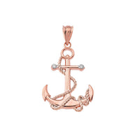 Solid Gold Diamond Nautical Rope Anchor Pendant Necklace(Available in Yellow/Rose/White/Two-Tone Gold)