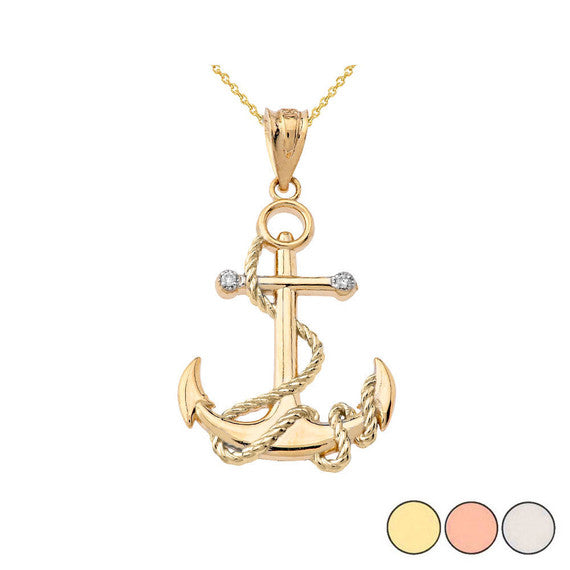 Solid Gold Diamond Nautical Rope Anchor Pendant Necklace(Available in Yellow/Rose/White/Two-Tone Gold)