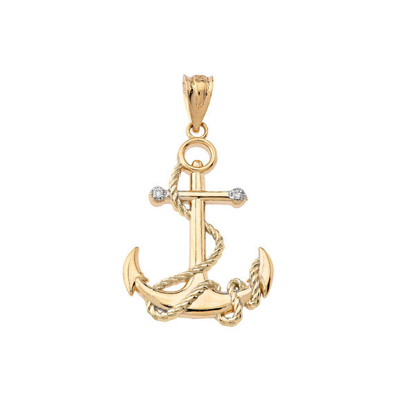 Solid Gold Diamond Nautical Rope Anchor Pendant Necklace(Available in Yellow/Rose/White/Two-Tone Gold)