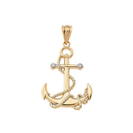 Solid Gold Diamond Nautical Rope Anchor Pendant Necklace(Available in Yellow/Rose/White/Two-Tone Gold)