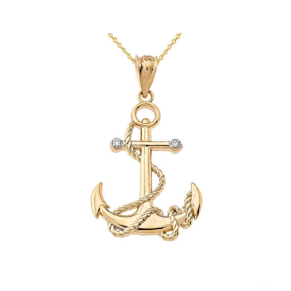 Solid Gold Diamond Nautical Rope Anchor Pendant Necklace(Available in Yellow/Rose/White/Two-Tone Gold)