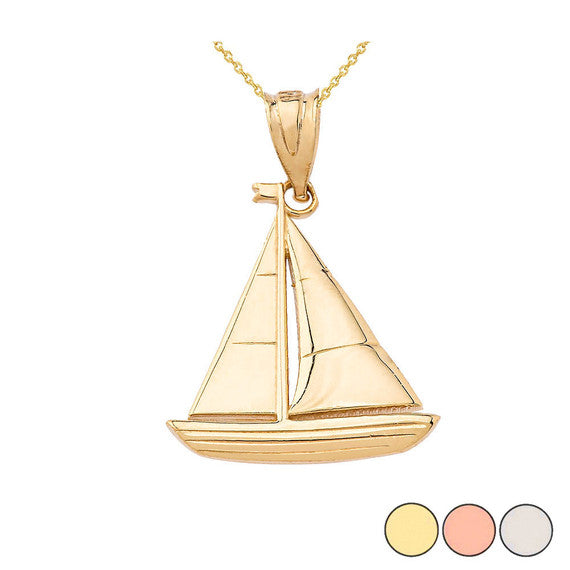 Solid Gold Sail Boat Pendant Necklace (Available in Yellow/Rose/White Gold)