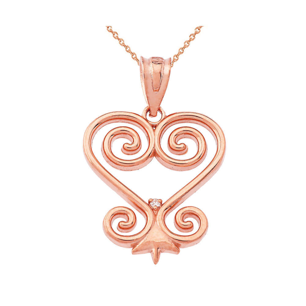 Gold Diamond African Adinkra Sankofa Heart Pendant Necklace (Available in Yellow/Rose/White Gold)