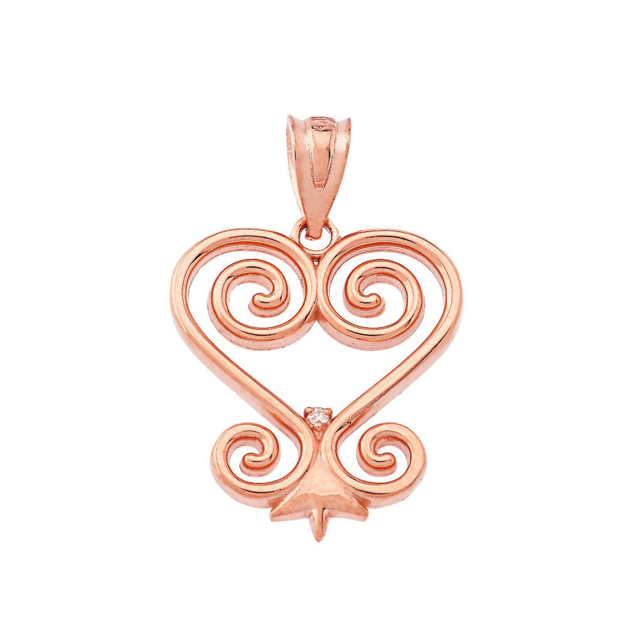 Gold Diamond African Adinkra Sankofa Heart Pendant Necklace (Available in Yellow/Rose/White Gold)