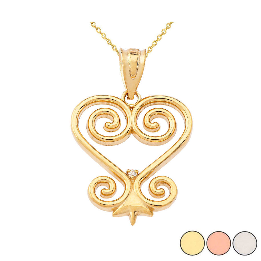 Gold Diamond African Adinkra Sankofa Heart Pendant Necklace (Available in Yellow/Rose/White Gold)