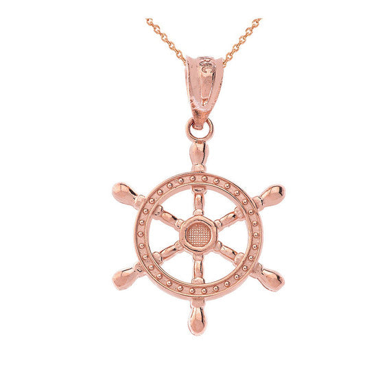 Gold Nautical Ship Wheel Pendant Necklace (Available in Yellow/Rose/White Gold )